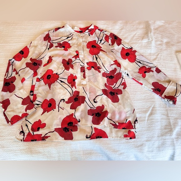 J. CREW Silk Ivory & Red Poppy Floral Blouse Career Casual Top - Picture 3 of 12